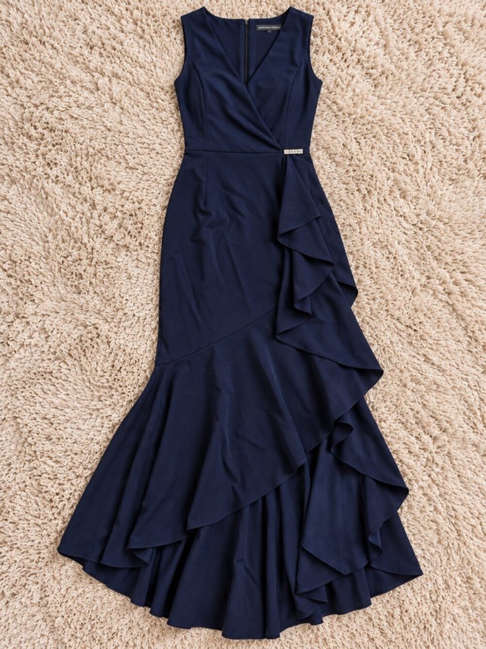 Adrianna Papell Midnight Navy Ruffle High Low Formal Gown Dress Size 8 NWT - Picture 3 of 4